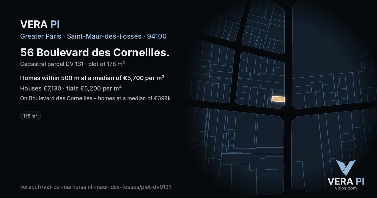 56 Boulevard des Corneilles, Saint-Maur-des-Fossés at night – the plot lit, the parcels around coloured by the prices near them