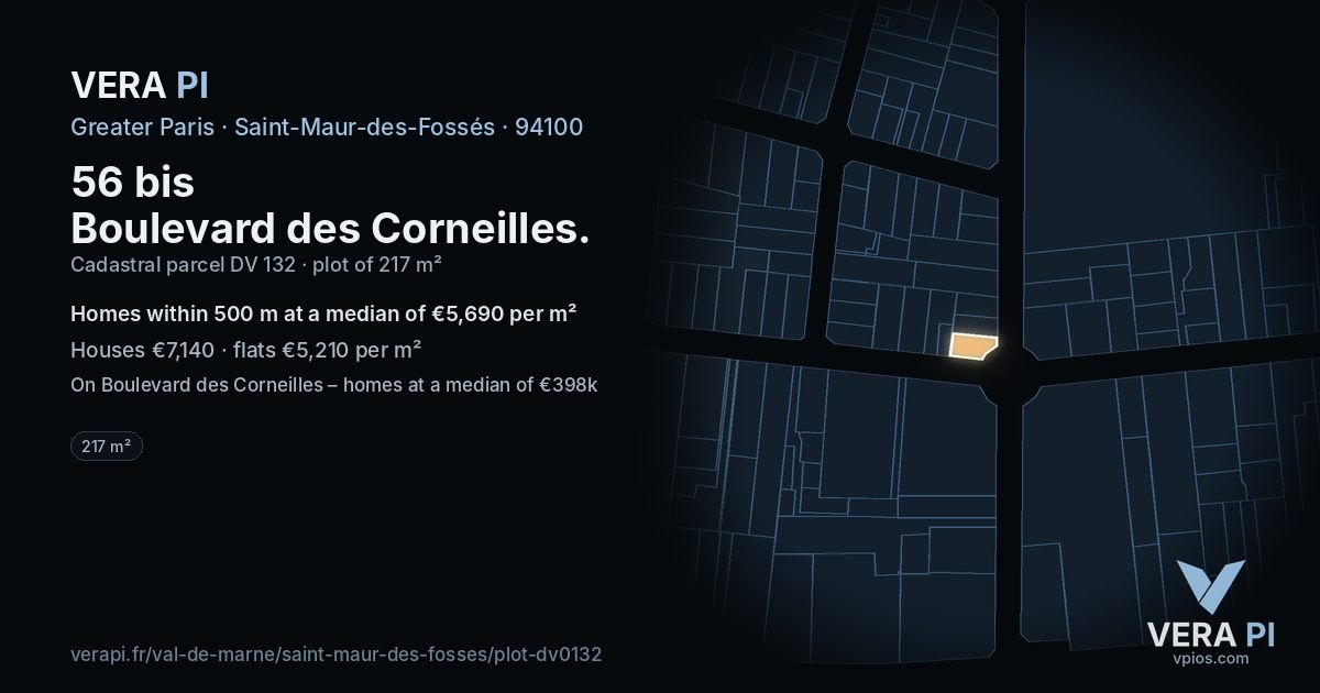 56 bis Boulevard des Corneilles, Saint-Maur-des-Fossés at night – the plot lit, the parcels around coloured by the prices near them