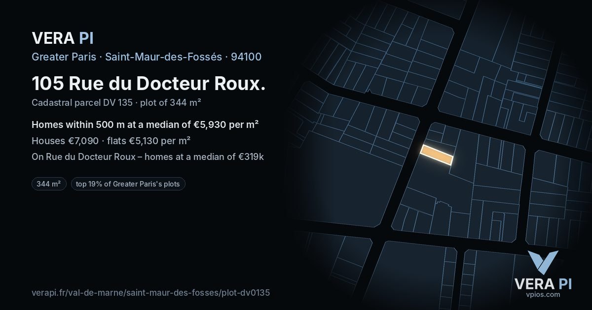 105 Rue du Docteur Roux, Saint-Maur-des-Fossés at night – the plot lit, the parcels around coloured by the prices near them