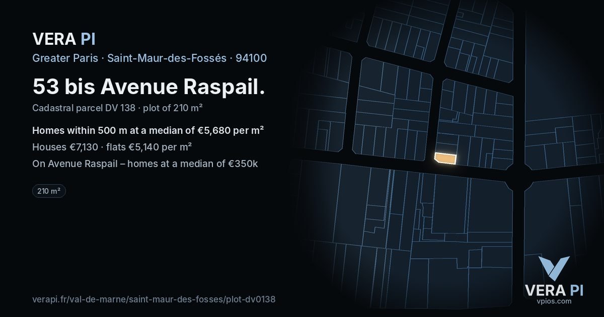 53 bis Avenue Raspail, Saint-Maur-des-Fossés at night – the plot lit, the parcels around coloured by the prices near them