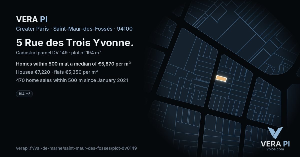 5 Rue des Trois Yvonne, Saint-Maur-des-Fossés at night – the plot lit, the parcels around coloured by the prices near them