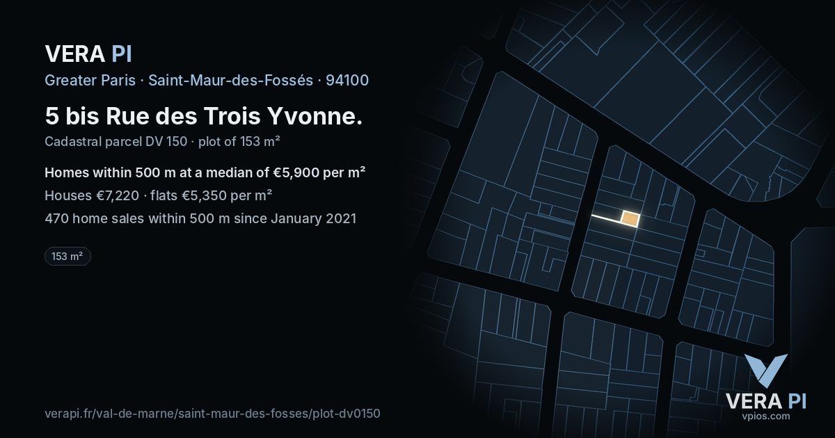5 bis Rue des Trois Yvonne, Saint-Maur-des-Fossés at night – the plot lit, the parcels around coloured by the prices near them