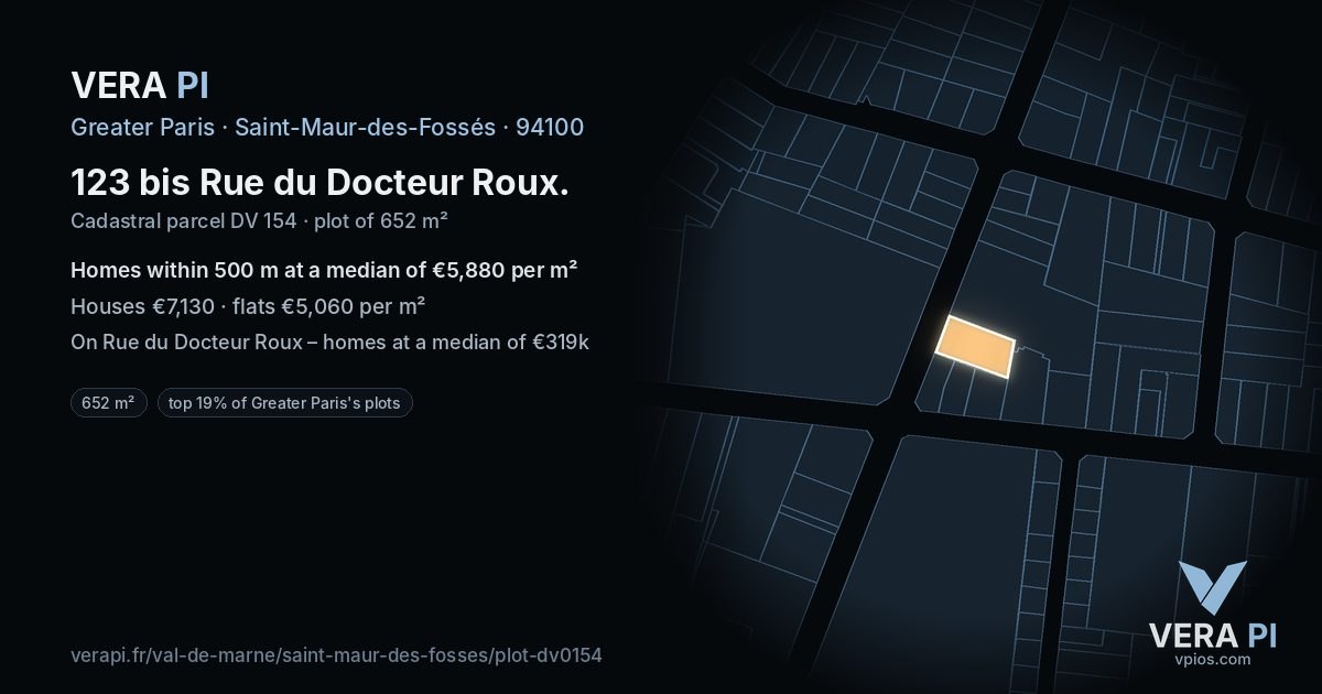 123 bis Rue du Docteur Roux, Saint-Maur-des-Fossés at night – the plot lit, the parcels around coloured by the prices near them