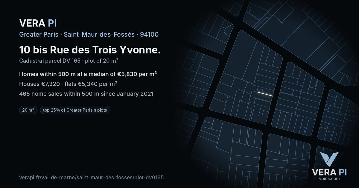 10 bis Rue des Trois Yvonne, Saint-Maur-des-Fossés at night – the plot lit, the parcels around coloured by the prices near them