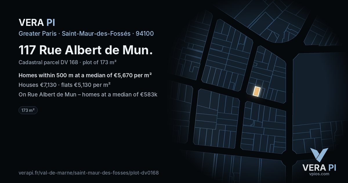 117 Rue Albert de Mun, Saint-Maur-des-Fossés at night – the plot lit, the parcels around coloured by the prices near them