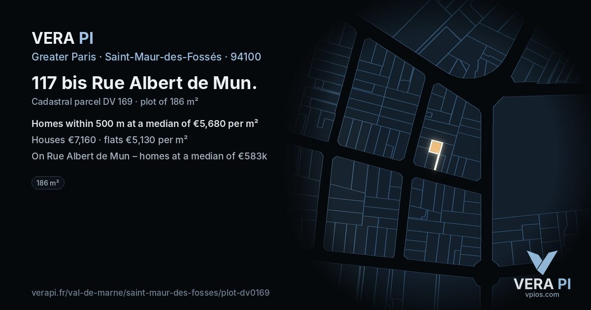 117 bis Rue Albert de Mun, Saint-Maur-des-Fossés at night – the plot lit, the parcels around coloured by the prices near them