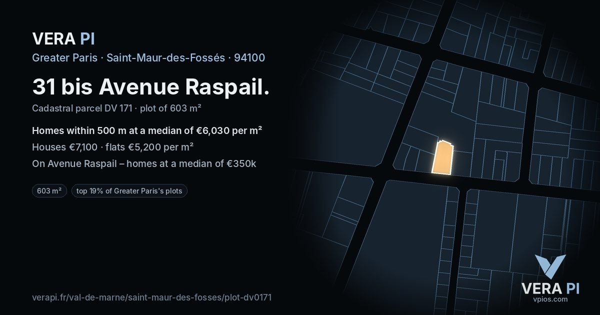 31 bis Avenue Raspail, Saint-Maur-des-Fossés at night – the plot lit, the parcels around coloured by the prices near them