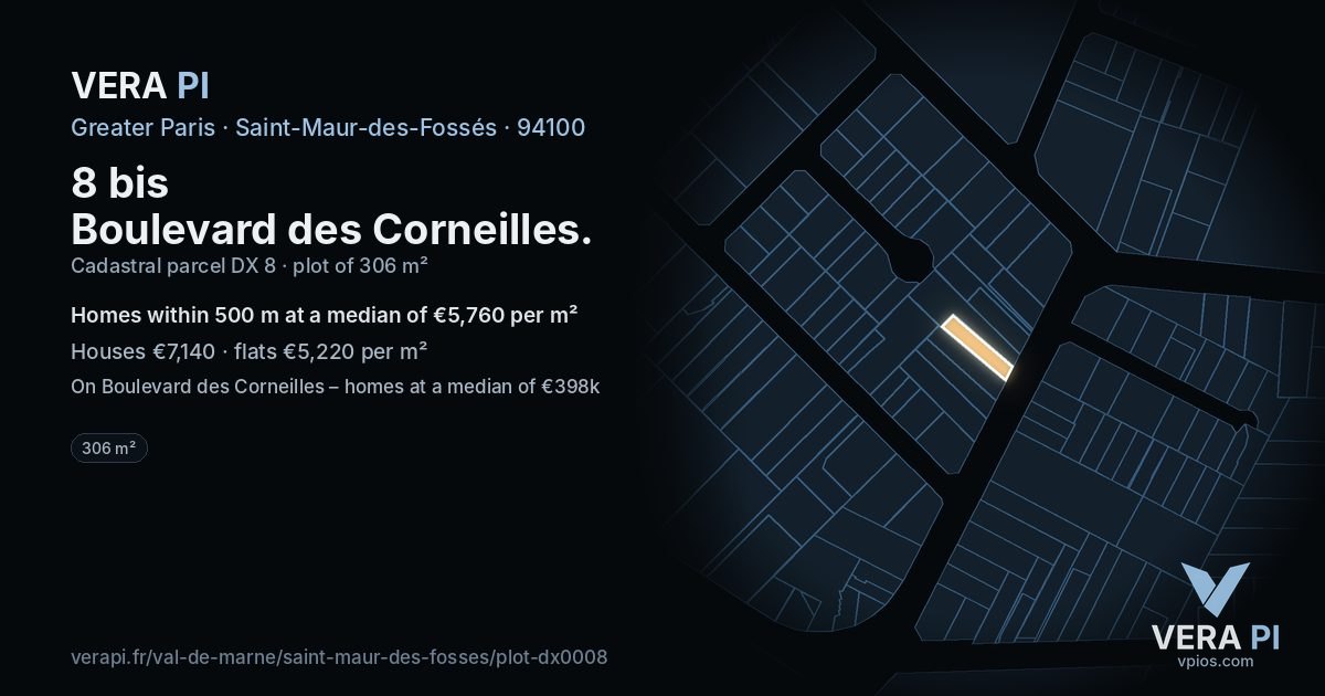8 bis Boulevard des Corneilles, Saint-Maur-des-Fossés at night – the plot lit, the parcels around coloured by the prices near them