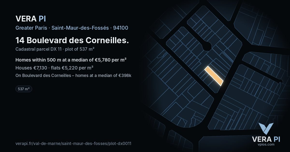 14 Boulevard des Corneilles, Saint-Maur-des-Fossés at night – the plot lit, the parcels around coloured by the prices near them
