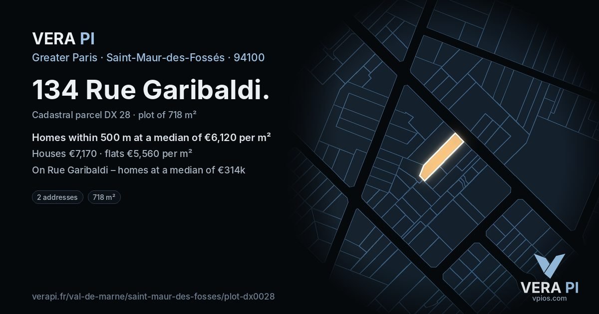 134 Rue Garibaldi, Saint-Maur-des-Fossés at night – the plot lit, the parcels around coloured by the prices near them