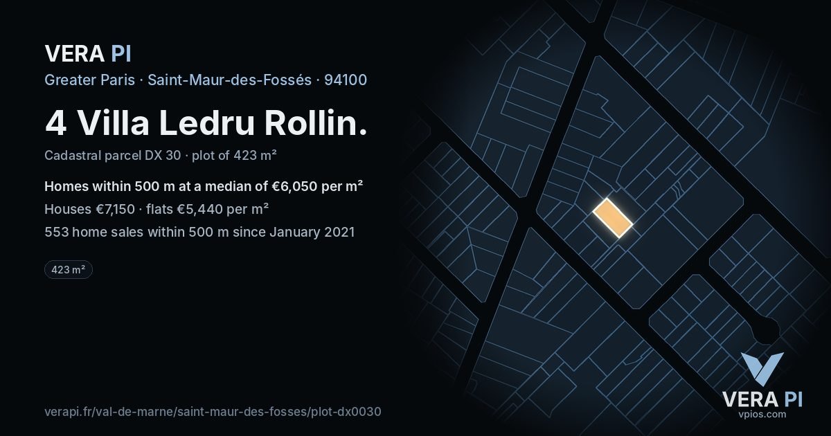 4 Villa Ledru Rollin, Saint-Maur-des-Fossés at night – the plot lit, the parcels around coloured by the prices near them
