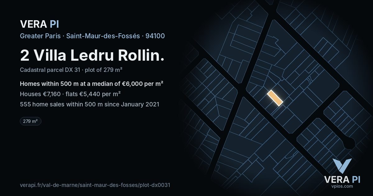 2 Villa Ledru Rollin, Saint-Maur-des-Fossés at night – the plot lit, the parcels around coloured by the prices near them
