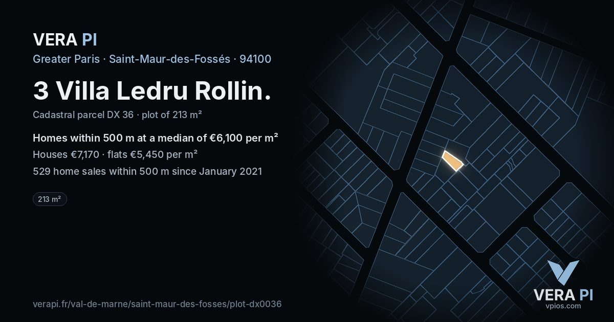3 Villa Ledru Rollin, Saint-Maur-des-Fossés at night – the plot lit, the parcels around coloured by the prices near them