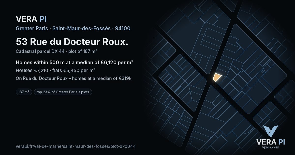 53 Rue du Docteur Roux, Saint-Maur-des-Fossés at night – the plot lit, the parcels around coloured by the prices near them