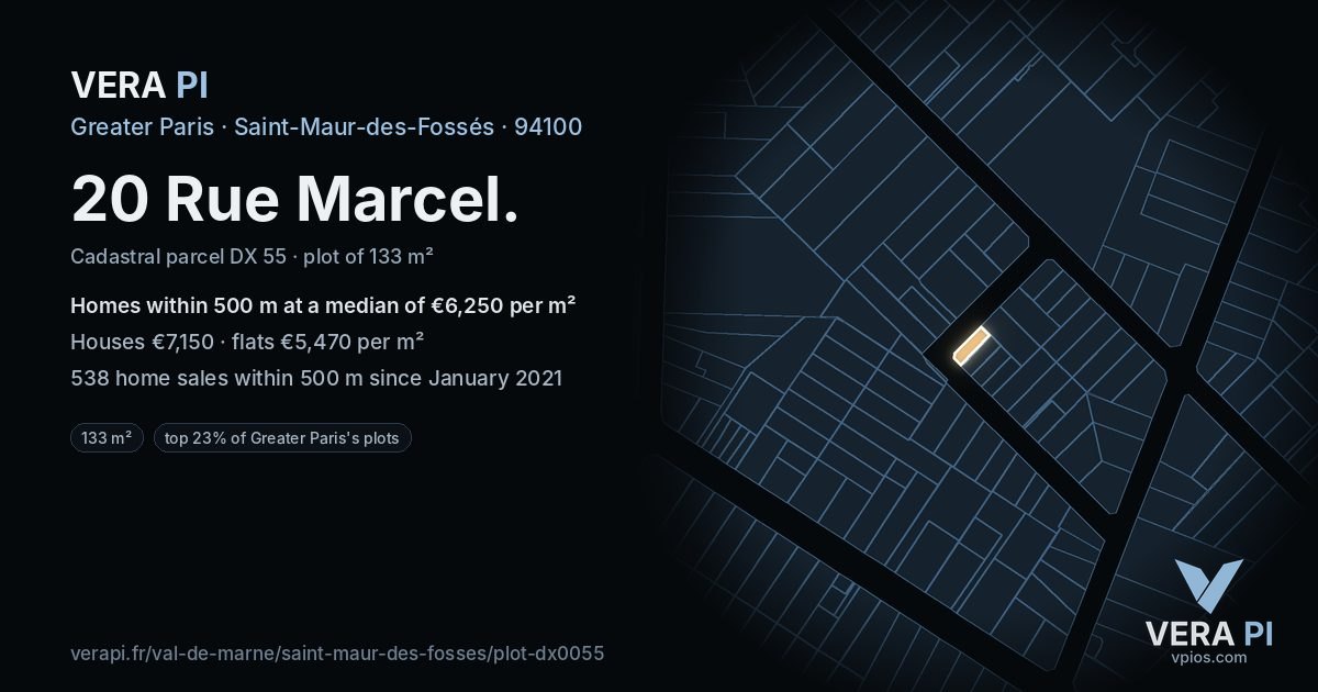 20 Rue Marcel, Saint-Maur-des-Fossés at night – the plot lit, the parcels around coloured by the prices near them