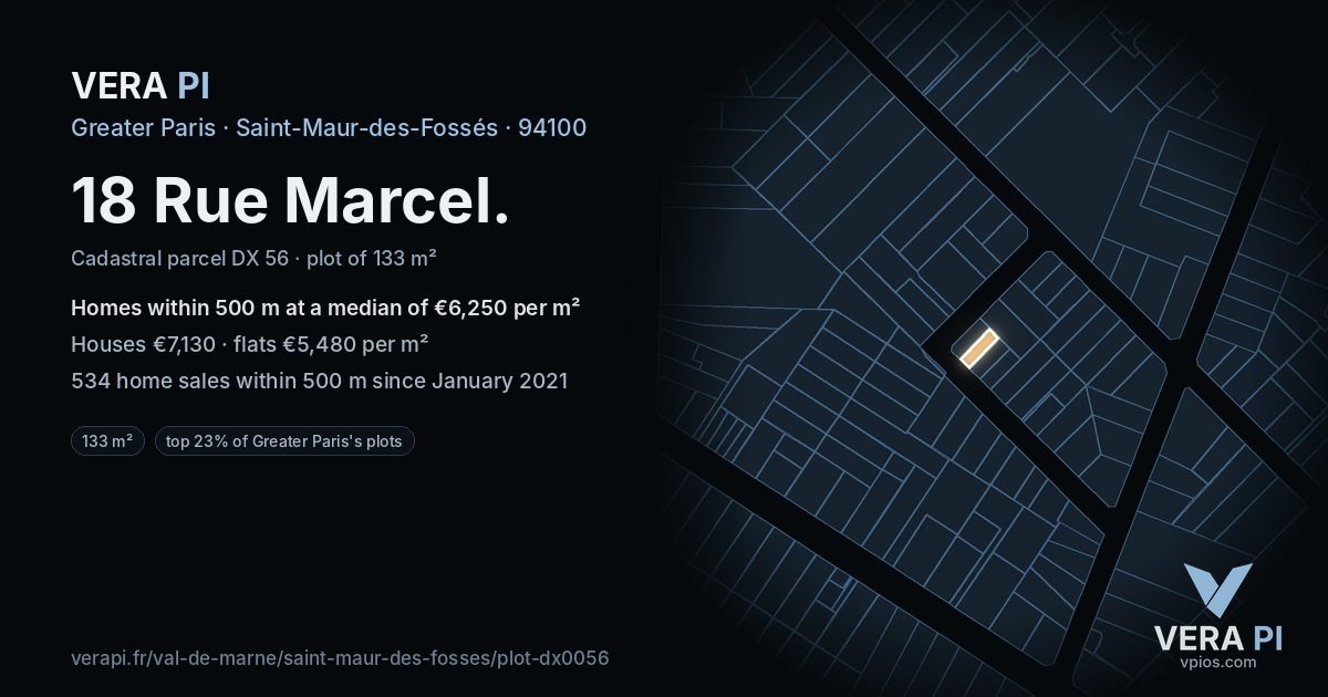 18 Rue Marcel, Saint-Maur-des-Fossés at night – the plot lit, the parcels around coloured by the prices near them