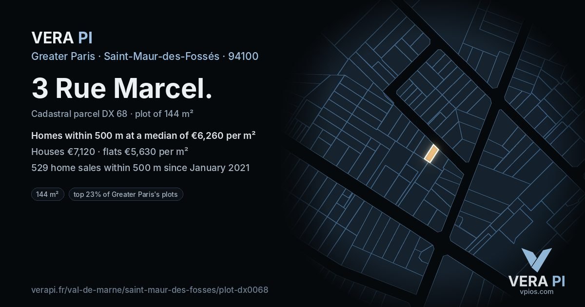 3 Rue Marcel, Saint-Maur-des-Fossés at night – the plot lit, the parcels around coloured by the prices near them