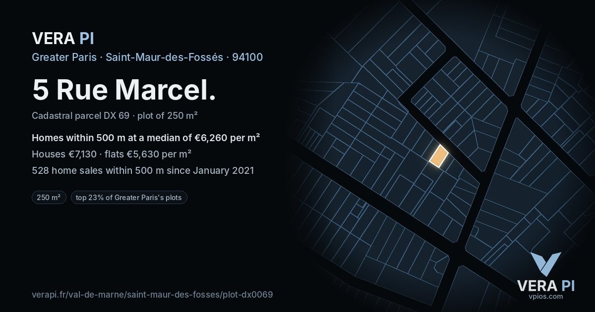 5 Rue Marcel, Saint-Maur-des-Fossés at night – the plot lit, the parcels around coloured by the prices near them