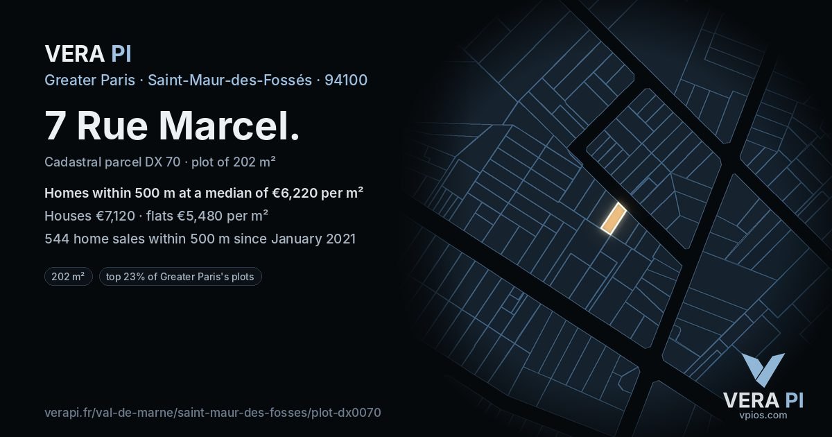7 Rue Marcel, Saint-Maur-des-Fossés at night – the plot lit, the parcels around coloured by the prices near them