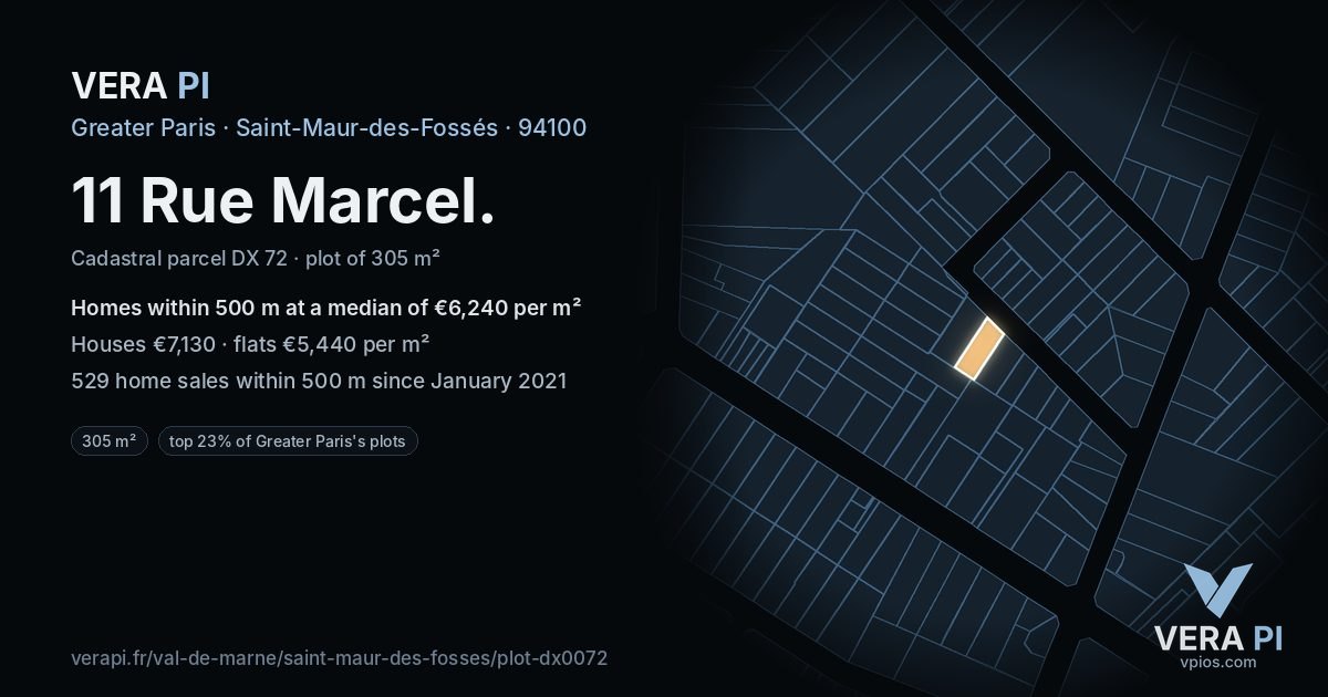 11 Rue Marcel, Saint-Maur-des-Fossés at night – the plot lit, the parcels around coloured by the prices near them