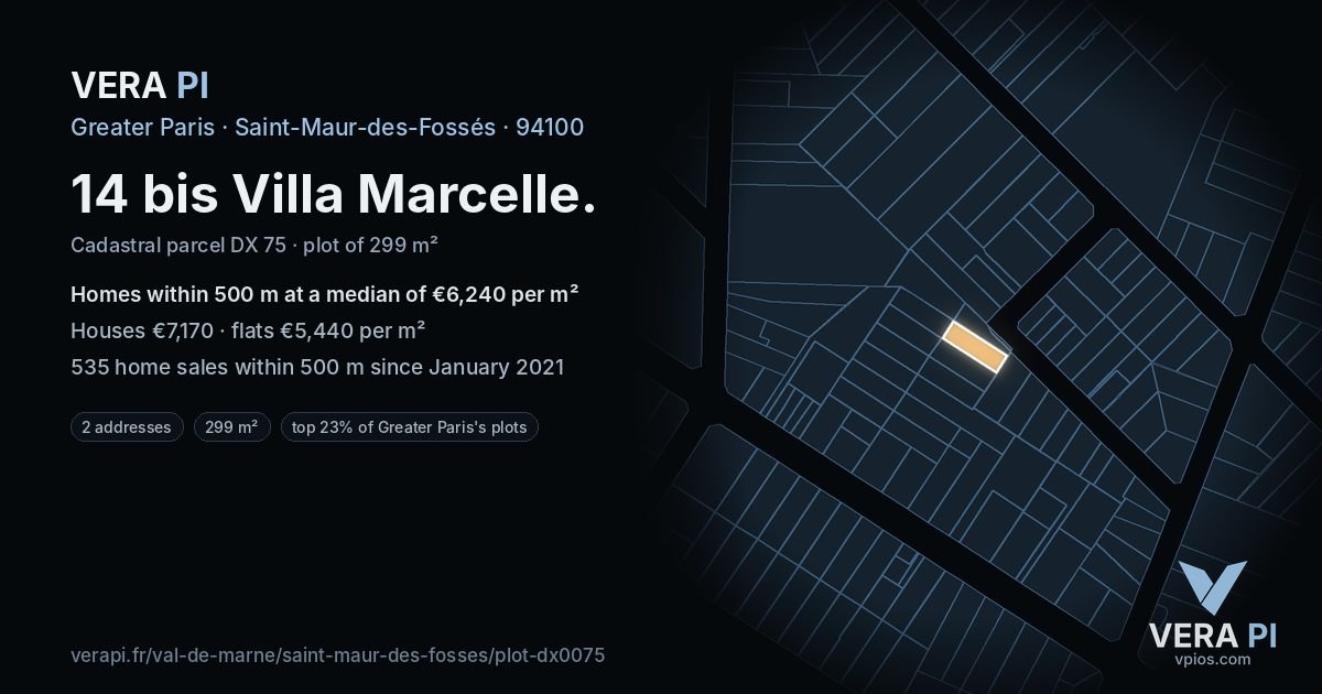 14 bis Villa Marcelle, Saint-Maur-des-Fossés at night – the plot lit, the parcels around coloured by the prices near them