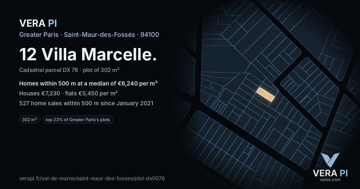 12 Villa Marcelle, Saint-Maur-des-Fossés at night – the plot lit, the parcels around coloured by the prices near them