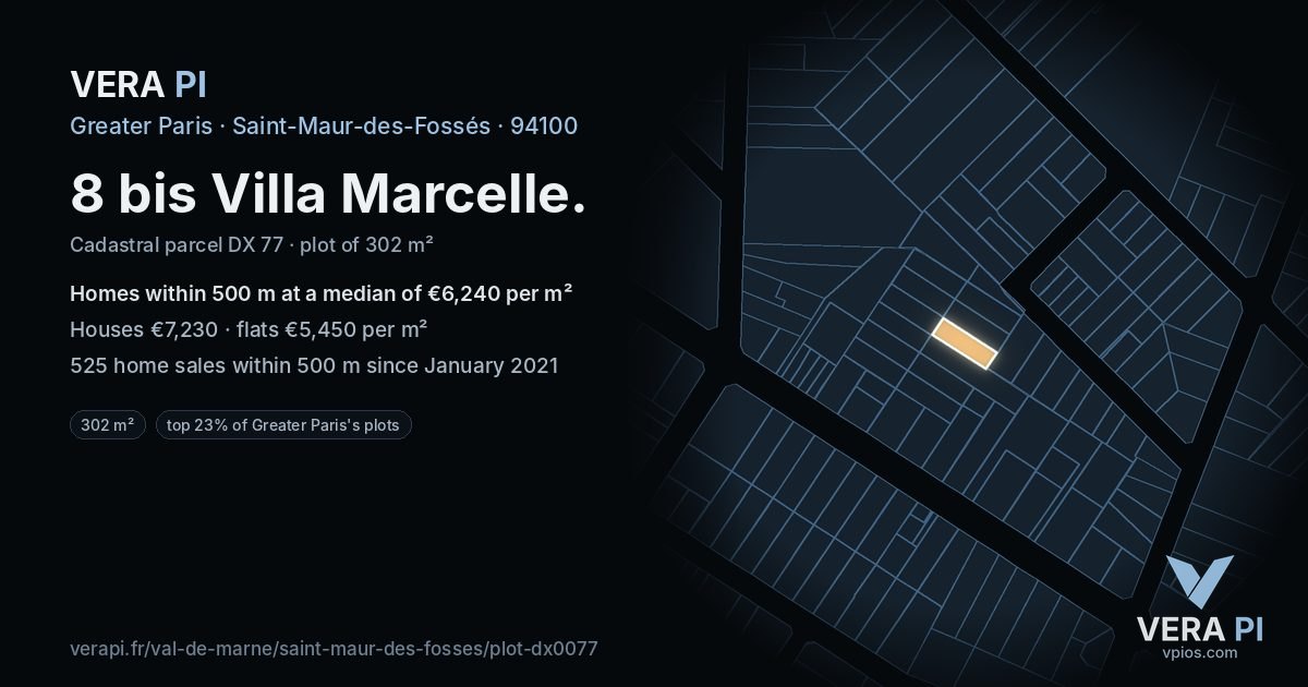 8 bis Villa Marcelle, Saint-Maur-des-Fossés at night – the plot lit, the parcels around coloured by the prices near them