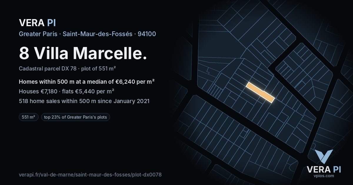 8 Villa Marcelle, Saint-Maur-des-Fossés at night – the plot lit, the parcels around coloured by the prices near them