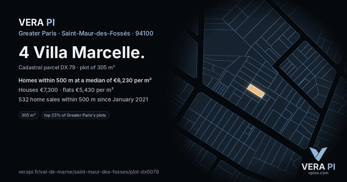 4 Villa Marcelle, Saint-Maur-des-Fossés at night – the plot lit, the parcels around coloured by the prices near them