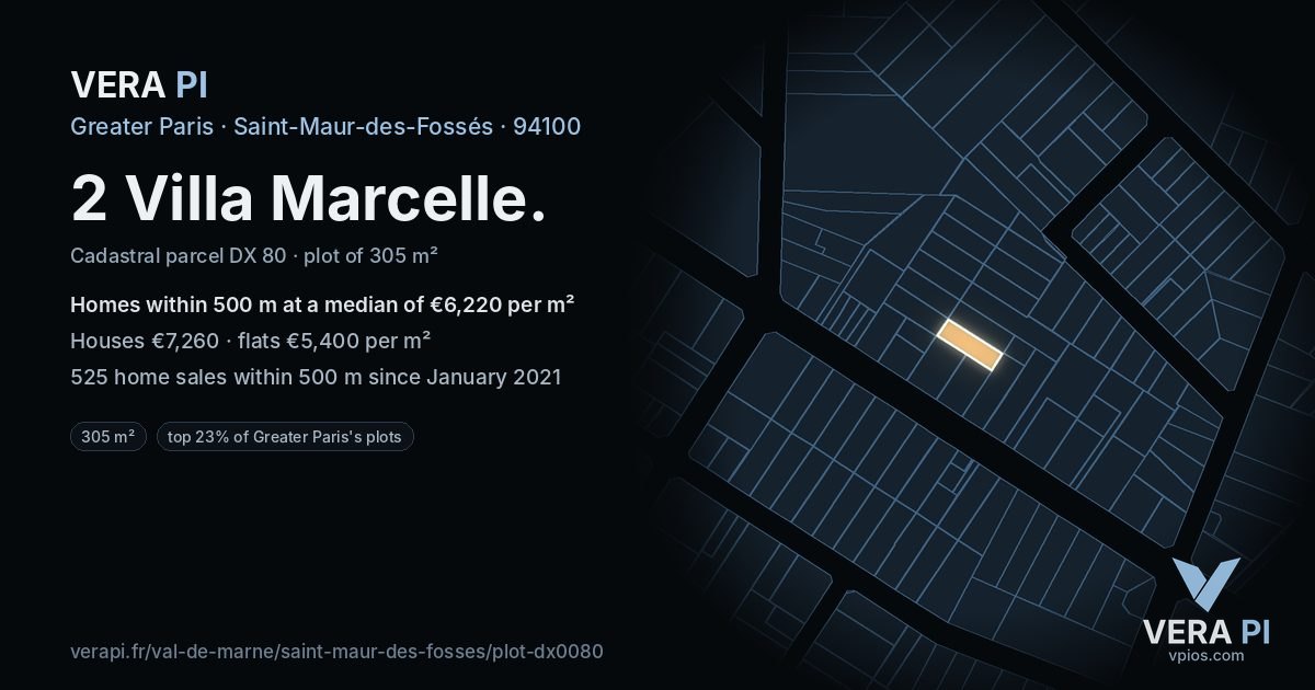 2 Villa Marcelle, Saint-Maur-des-Fossés at night – the plot lit, the parcels around coloured by the prices near them