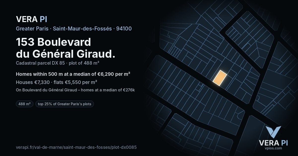 153 Boulevard du Général Giraud, Saint-Maur-des-Fossés at night – the plot lit, the parcels around coloured by the prices near them