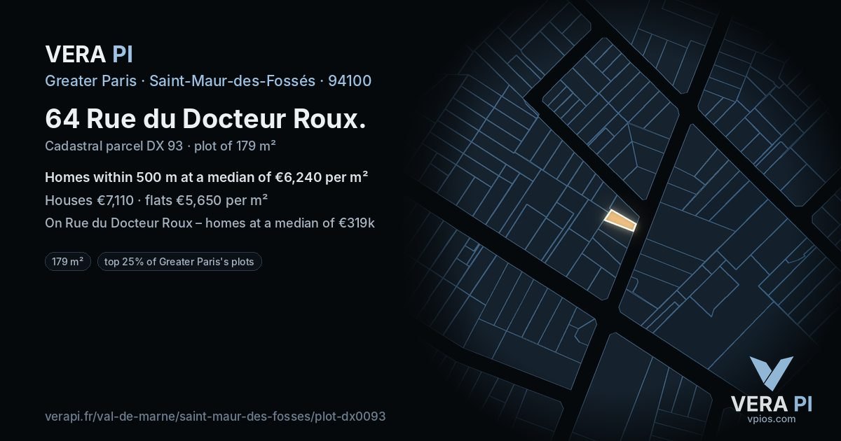 64 Rue du Docteur Roux, Saint-Maur-des-Fossés at night – the plot lit, the parcels around coloured by the prices near them