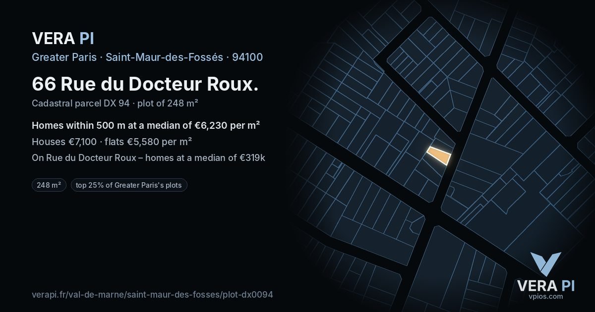 66 Rue du Docteur Roux, Saint-Maur-des-Fossés at night – the plot lit, the parcels around coloured by the prices near them
