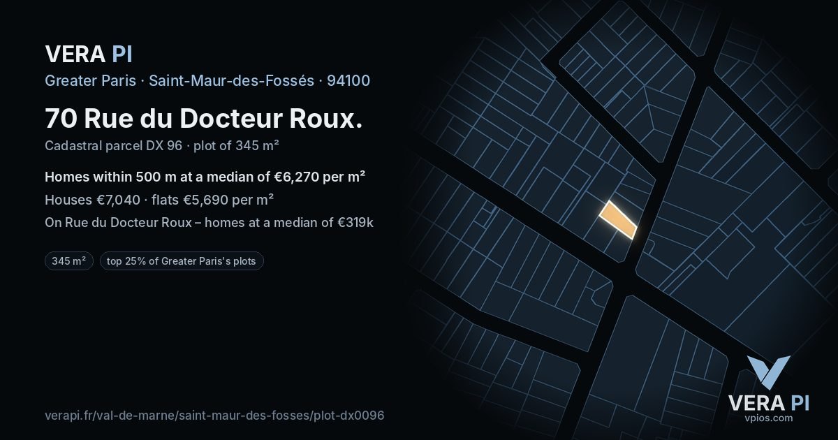 70 Rue du Docteur Roux, Saint-Maur-des-Fossés at night – the plot lit, the parcels around coloured by the prices near them