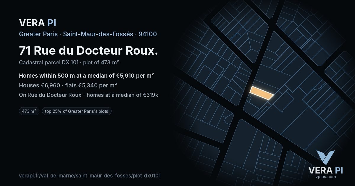 71 Rue du Docteur Roux, Saint-Maur-des-Fossés at night – the plot lit, the parcels around coloured by the prices near them