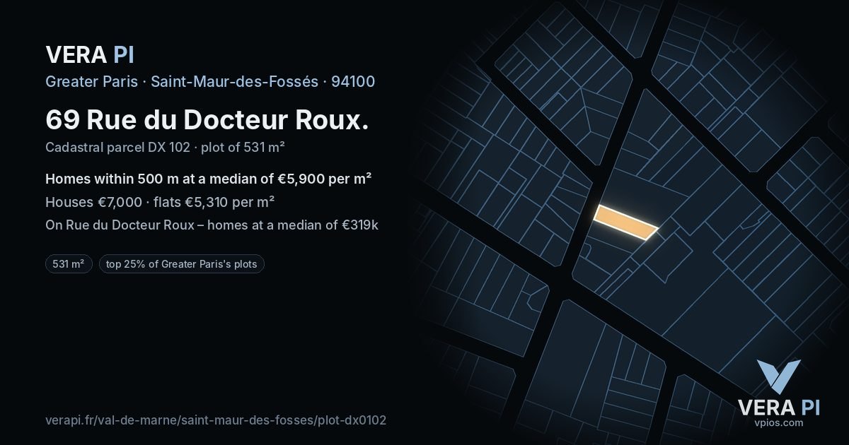 69 Rue du Docteur Roux, Saint-Maur-des-Fossés at night – the plot lit, the parcels around coloured by the prices near them