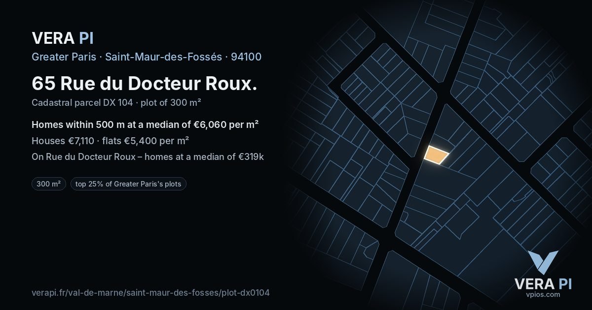 65 Rue du Docteur Roux, Saint-Maur-des-Fossés at night – the plot lit, the parcels around coloured by the prices near them