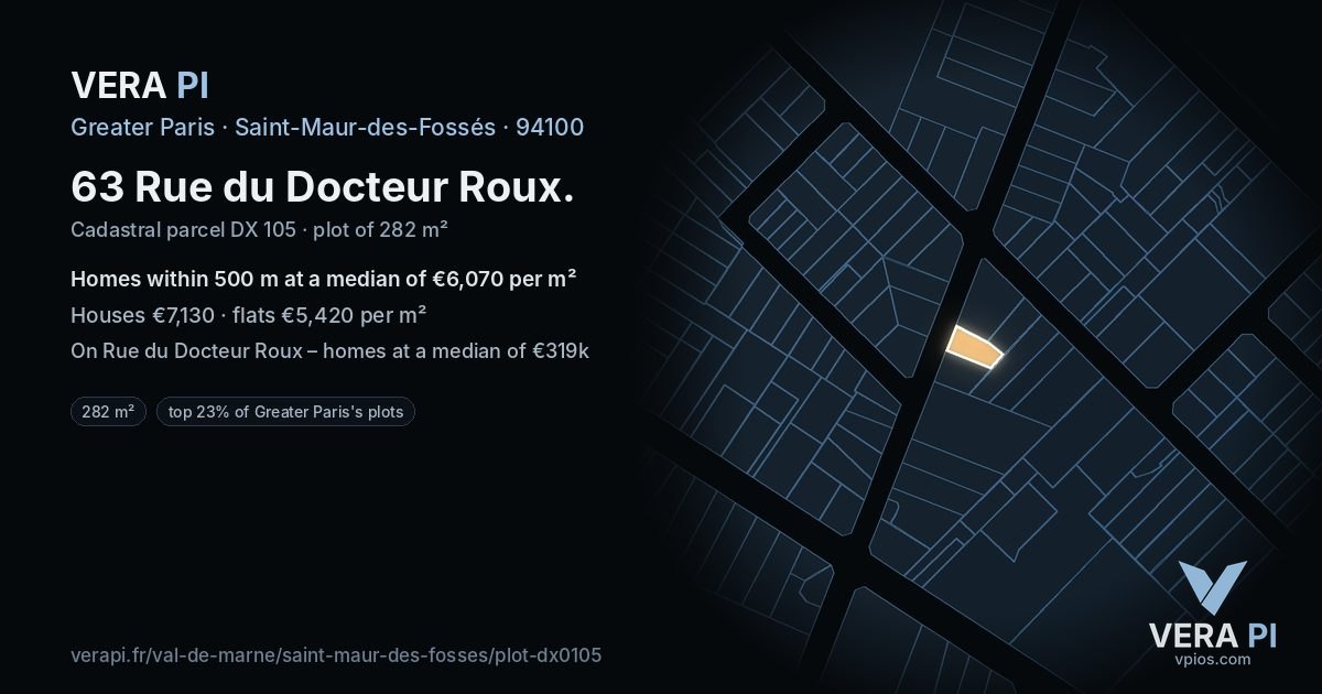 63 Rue du Docteur Roux, Saint-Maur-des-Fossés at night – the plot lit, the parcels around coloured by the prices near them