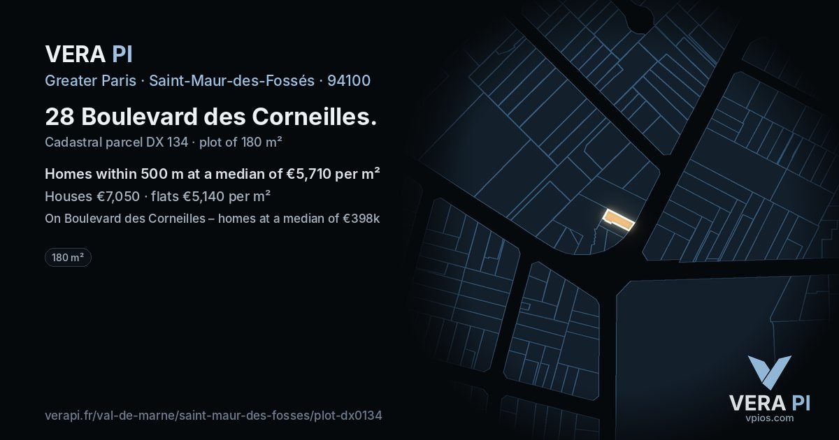 28 Boulevard des Corneilles, Saint-Maur-des-Fossés at night – the plot lit, the parcels around coloured by the prices near them