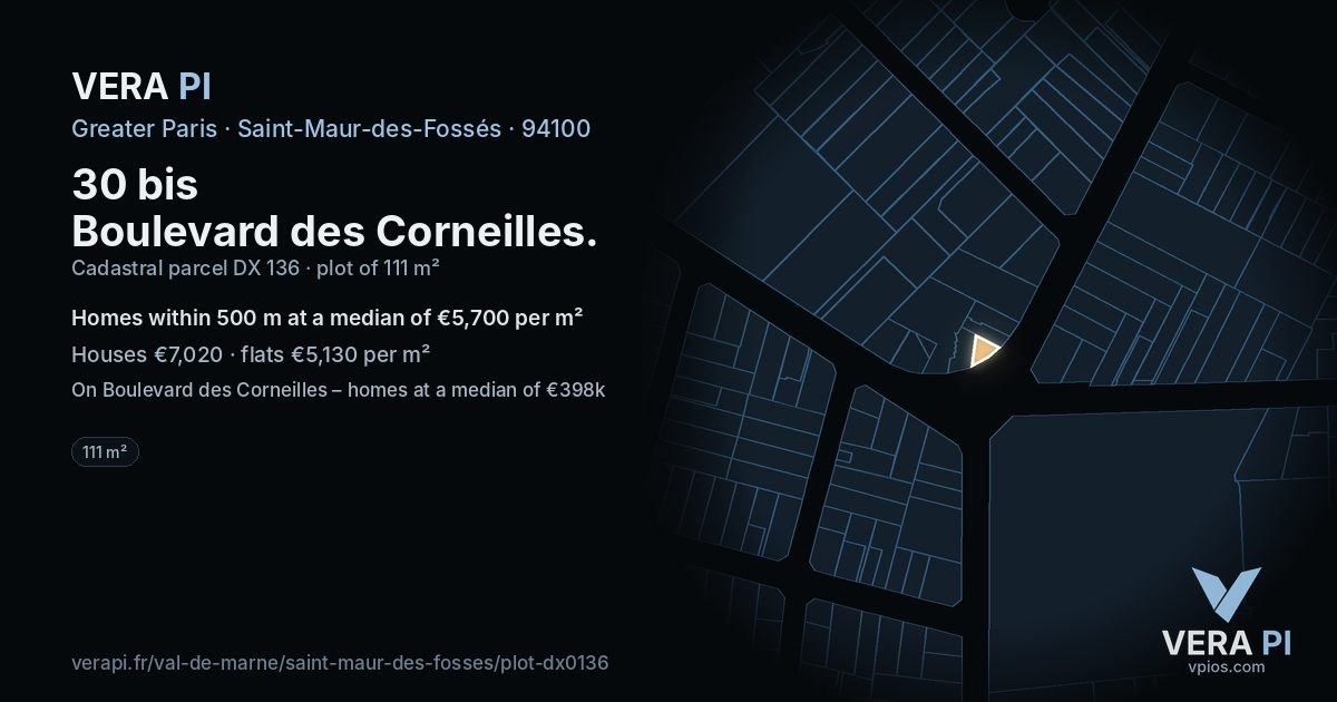 30 bis Boulevard des Corneilles, Saint-Maur-des-Fossés at night – the plot lit, the parcels around coloured by the prices near them