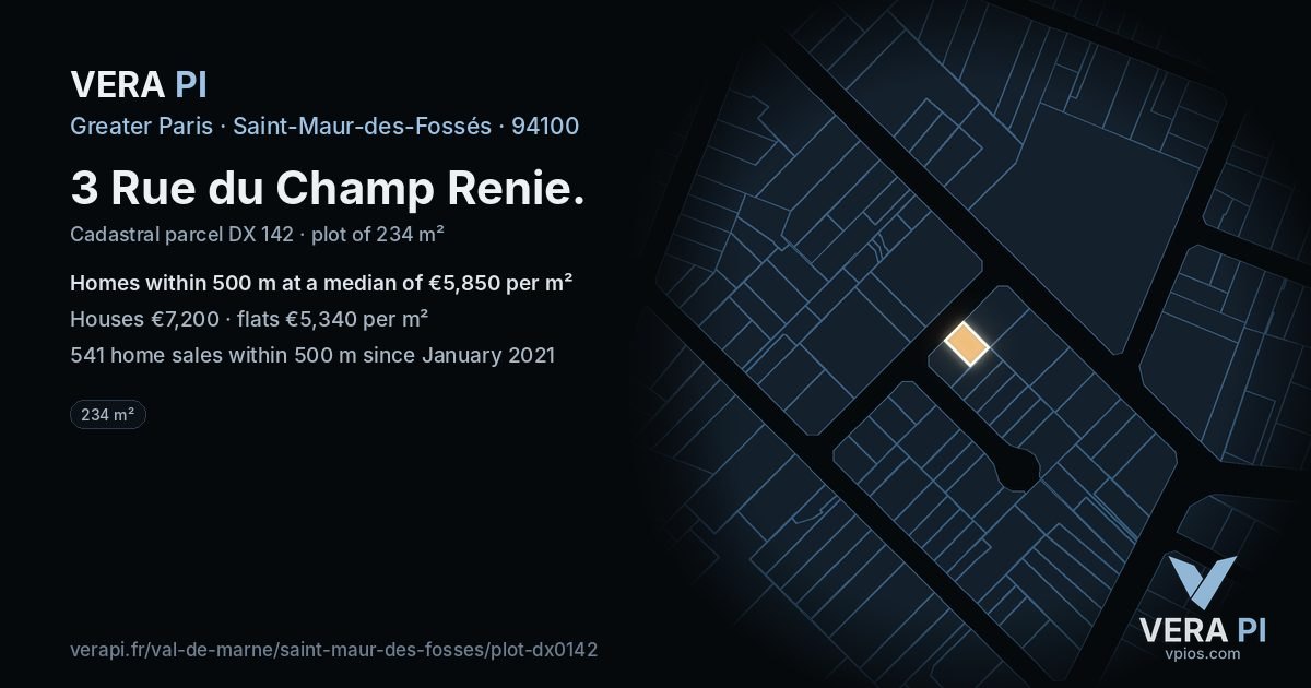 3 Rue du Champ Renie, Saint-Maur-des-Fossés at night – the plot lit, the parcels around coloured by the prices near them
