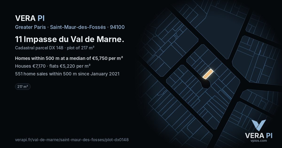 11 Impasse du Val de Marne, Saint-Maur-des-Fossés at night – the plot lit, the parcels around coloured by the prices near them