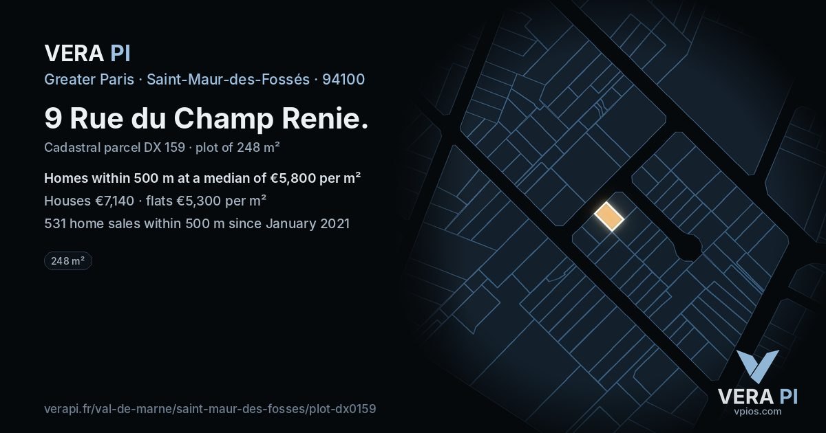 9 Rue du Champ Renie, Saint-Maur-des-Fossés at night – the plot lit, the parcels around coloured by the prices near them
