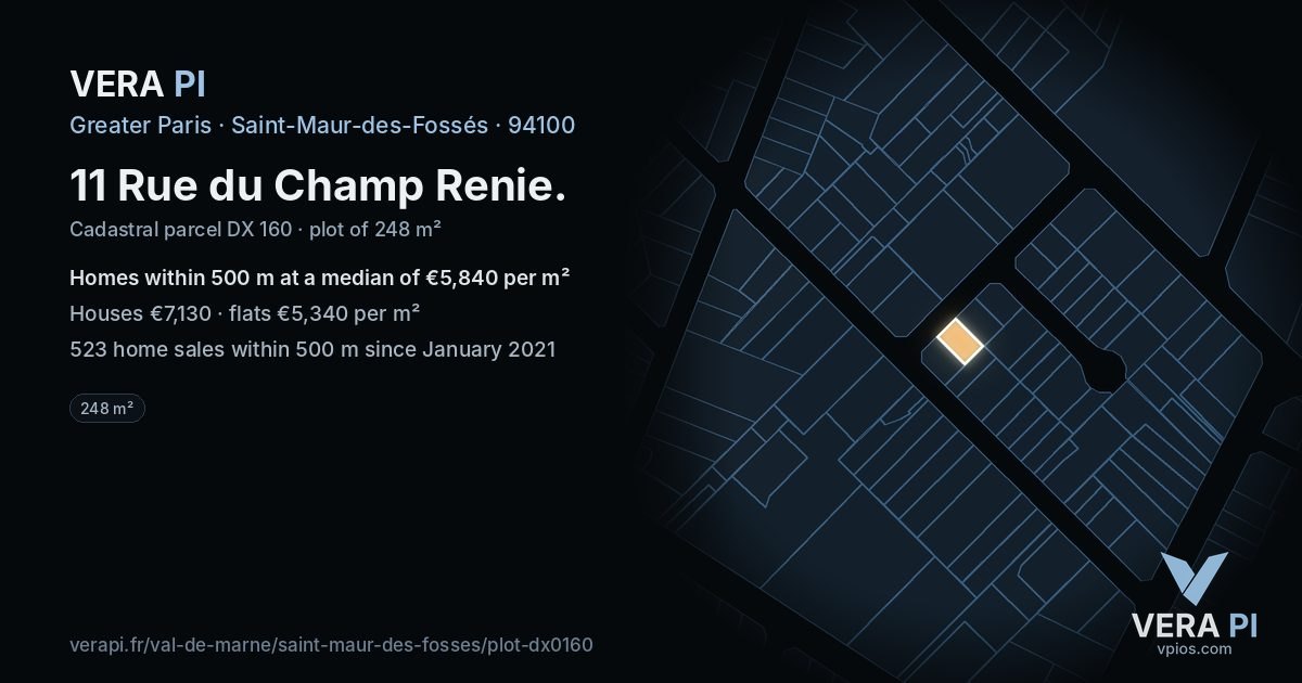 11 Rue du Champ Renie, Saint-Maur-des-Fossés at night – the plot lit, the parcels around coloured by the prices near them