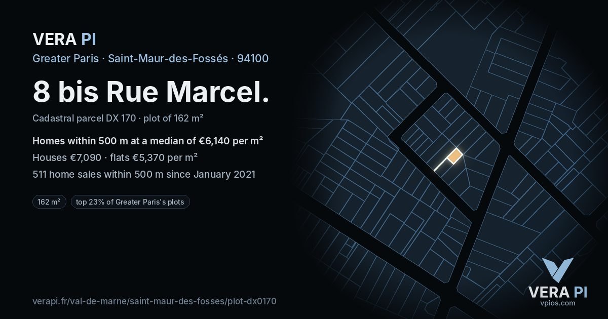 8 bis Rue Marcel, Saint-Maur-des-Fossés at night – the plot lit, the parcels around coloured by the prices near them