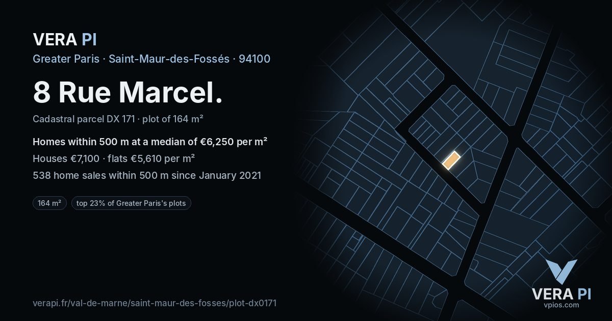 8 Rue Marcel, Saint-Maur-des-Fossés at night – the plot lit, the parcels around coloured by the prices near them
