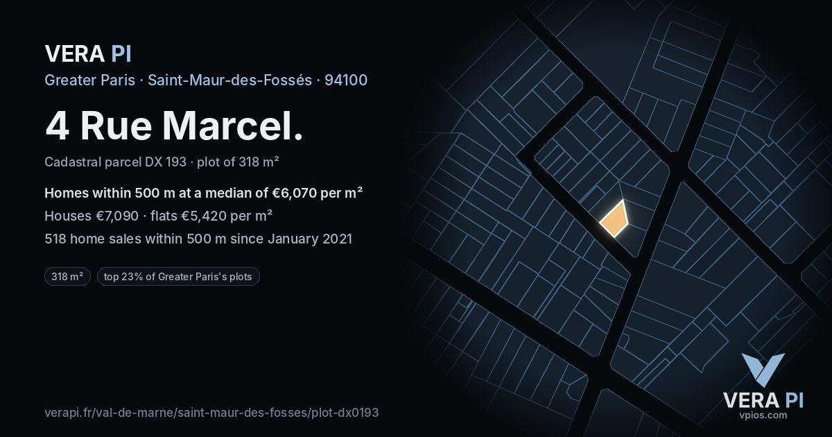 4 Rue Marcel, Saint-Maur-des-Fossés at night – the plot lit, the parcels around coloured by the prices near them