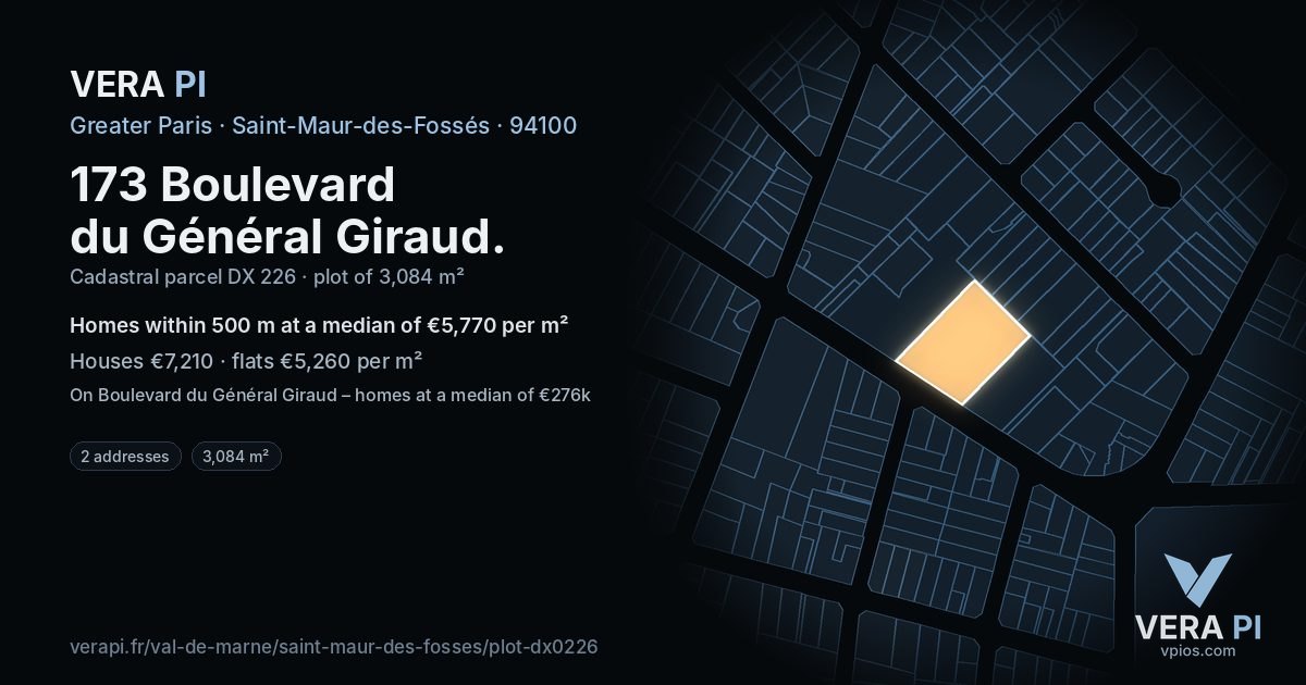 173 Boulevard du Général Giraud, Saint-Maur-des-Fossés at night – the plot lit, the parcels around coloured by the prices near them