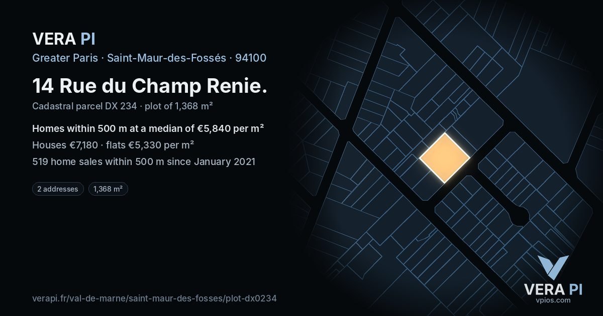 14 Rue du Champ Renie, Saint-Maur-des-Fossés at night – the plot lit, the parcels around coloured by the prices near them
