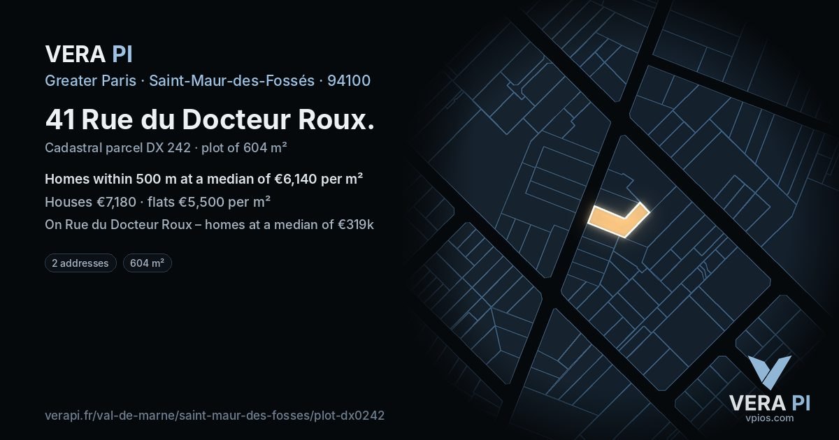 41 Rue du Docteur Roux, Saint-Maur-des-Fossés at night – the plot lit, the parcels around coloured by the prices near them
